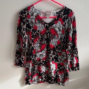 Chico's Red and Black Floral Long Sleeve Top